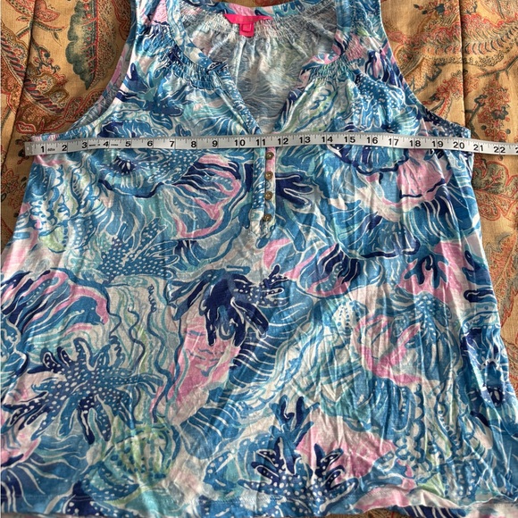 Lilly Pulitzer Essie Tank Top Henley Saltwater Blue Pink Gold Buttons Size XL - Picture 3 of 5